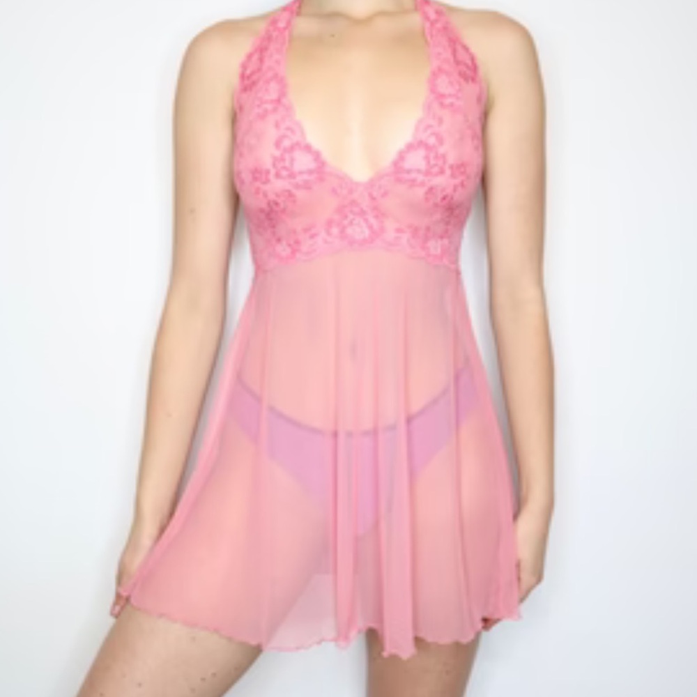 Vintage 90’s 2000’s Victoria’s Secret Chemise Sheer Pink with Lace Halter M L